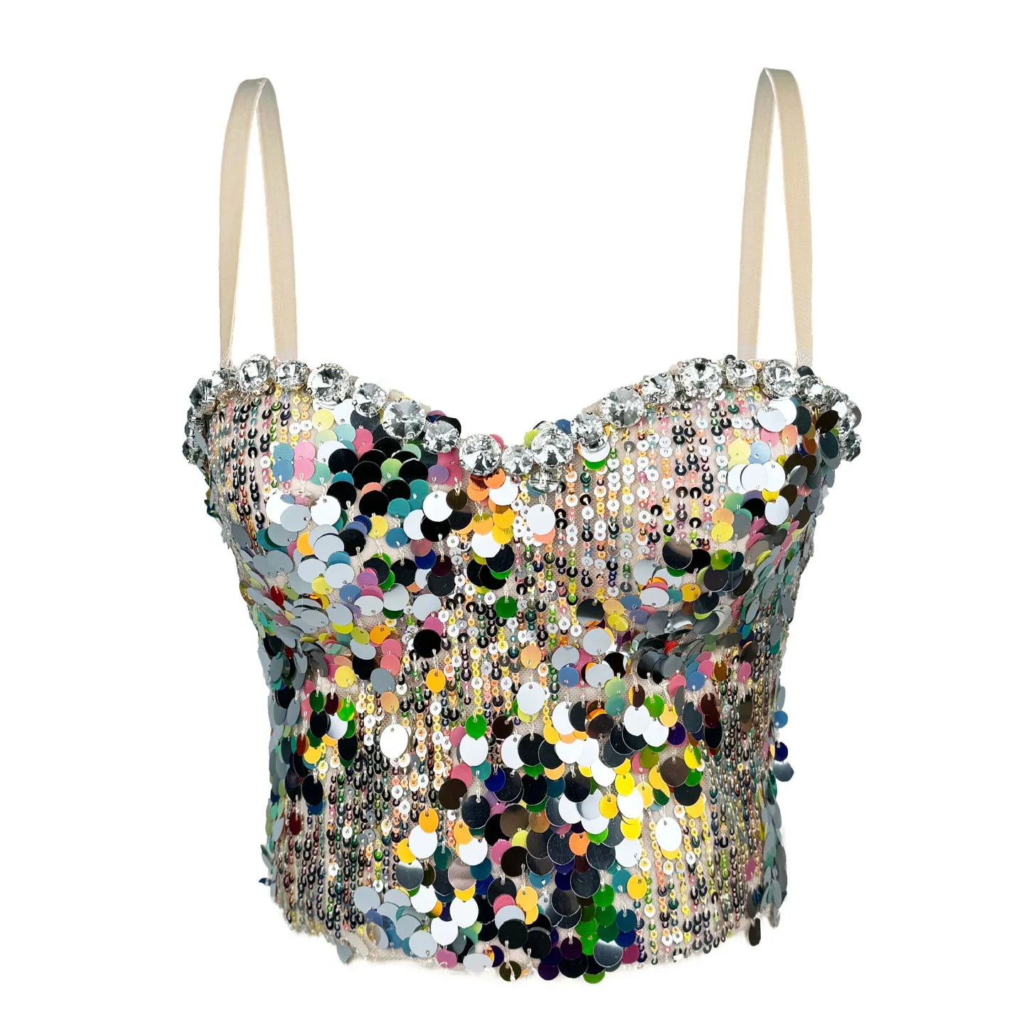 

2025 New Luxury Bustier Bra Sexy Glitter Rhinestone Corset Top with Boned Underwire, Shimmer Reflective Push-Up Bra for Women