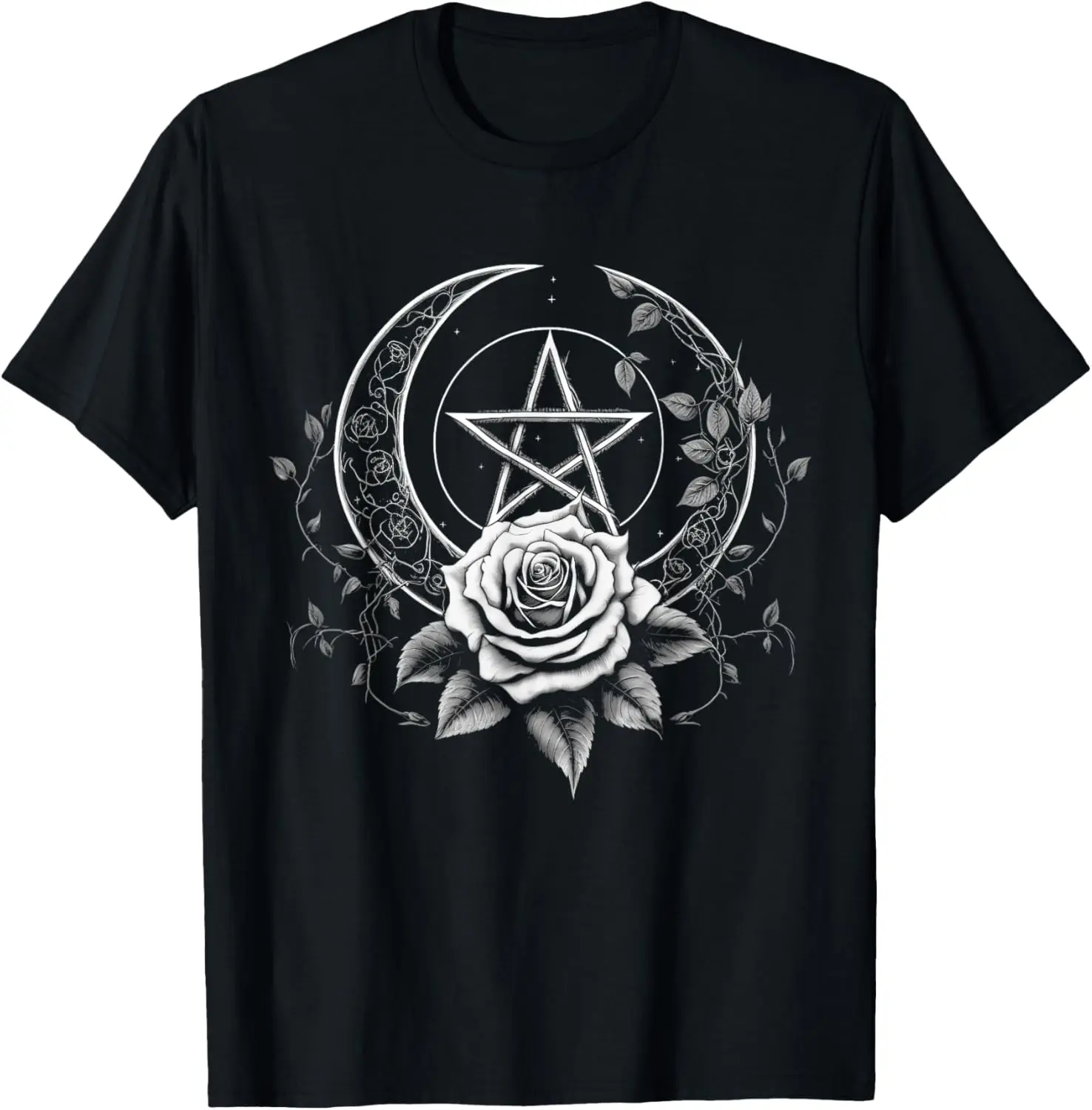 Occult Moon Rose Wiccan Pentacle Witchcraft - Vintage Gothic T-Shirt