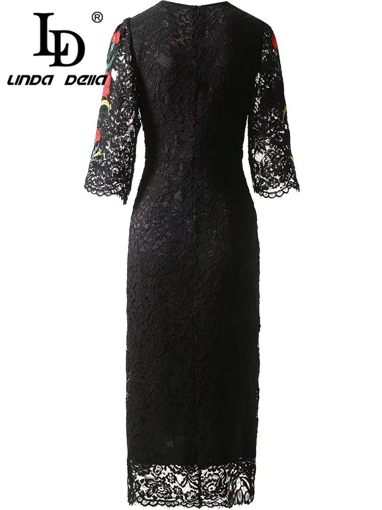 LD LINDA DELLA Chic Lace Hollow Out Embroidery Design Dress Summer Vintage Women's Half Sleeved Slim Dresses