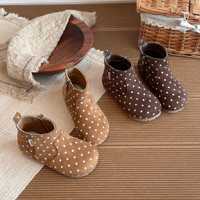 Girls Polka‑Dot Ankle Boots Side Zipper Soft Flat Sole Kids Autumn‑Winter Casual Short Boots