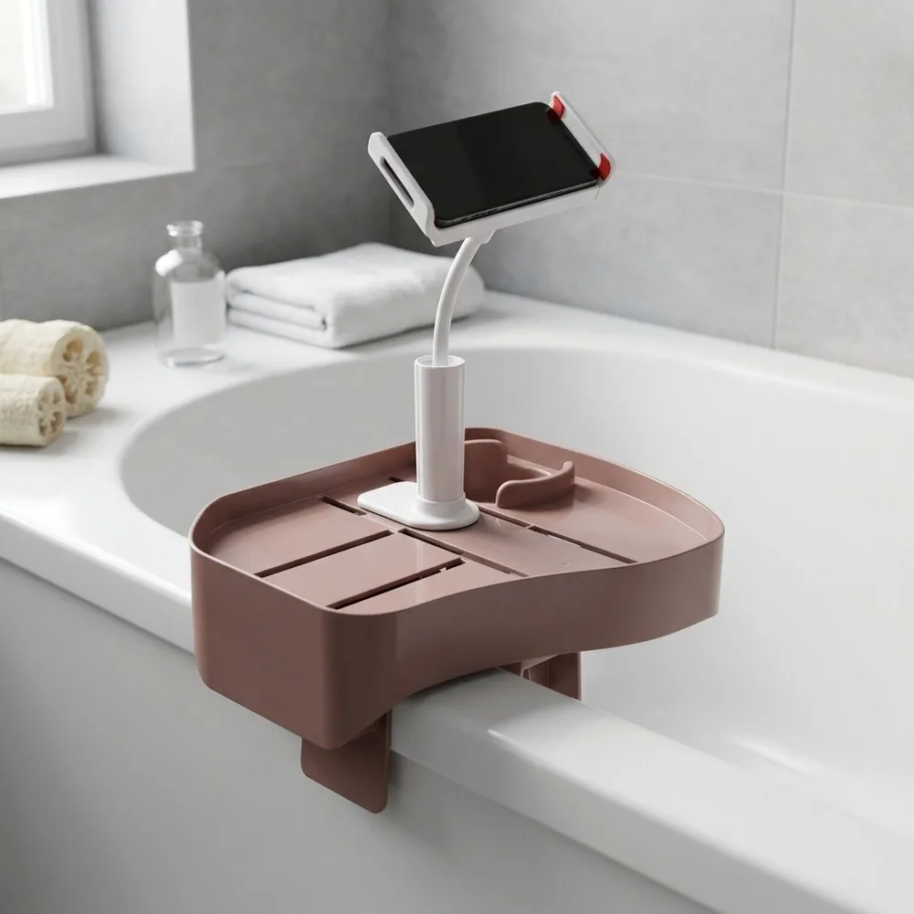 Bathtub Side Table Tray with Adjustable Base Expandable Fit for Most Hot Tubs Spas and Swimming Pools with Cup Holders