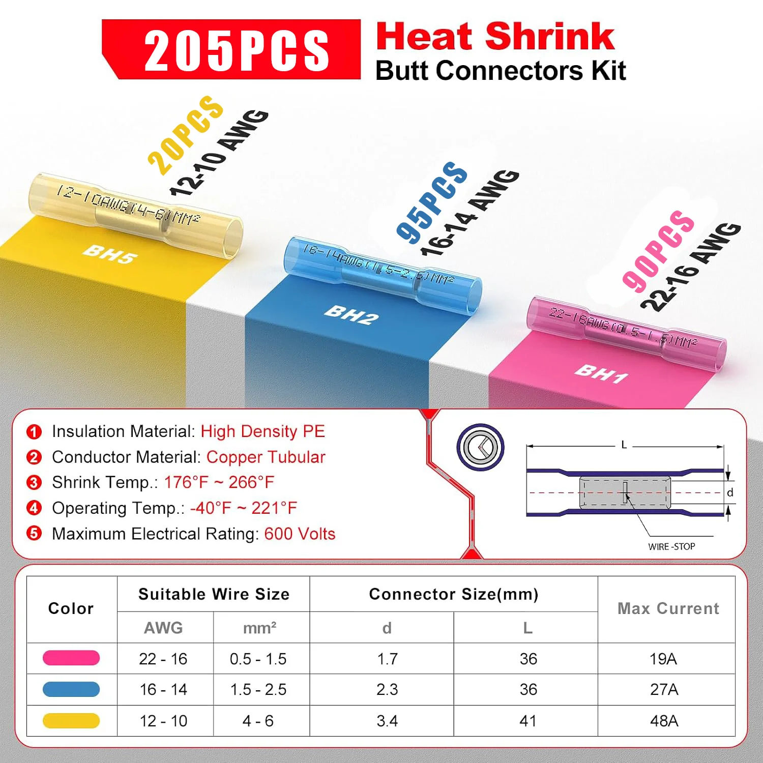 205 PCS Heat Shrink Connector Kit, 26-10 AWG3: 1 Inner Tape-lined Heat Shrink Tube, Built-in Wire Fixing Device, 4 Color-coded Sizes, Suitable for Ship, Car and Trailer Wiring