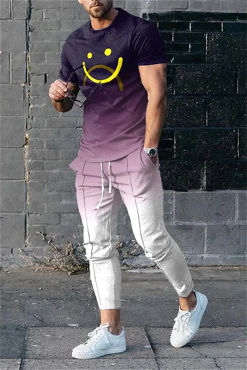 New Trend Men's Trousers Tracksuit 2 Piece Set Fashion Sportswear Summer Streetwear Short Sleeve T Shirt+Long Pant Male Clothing