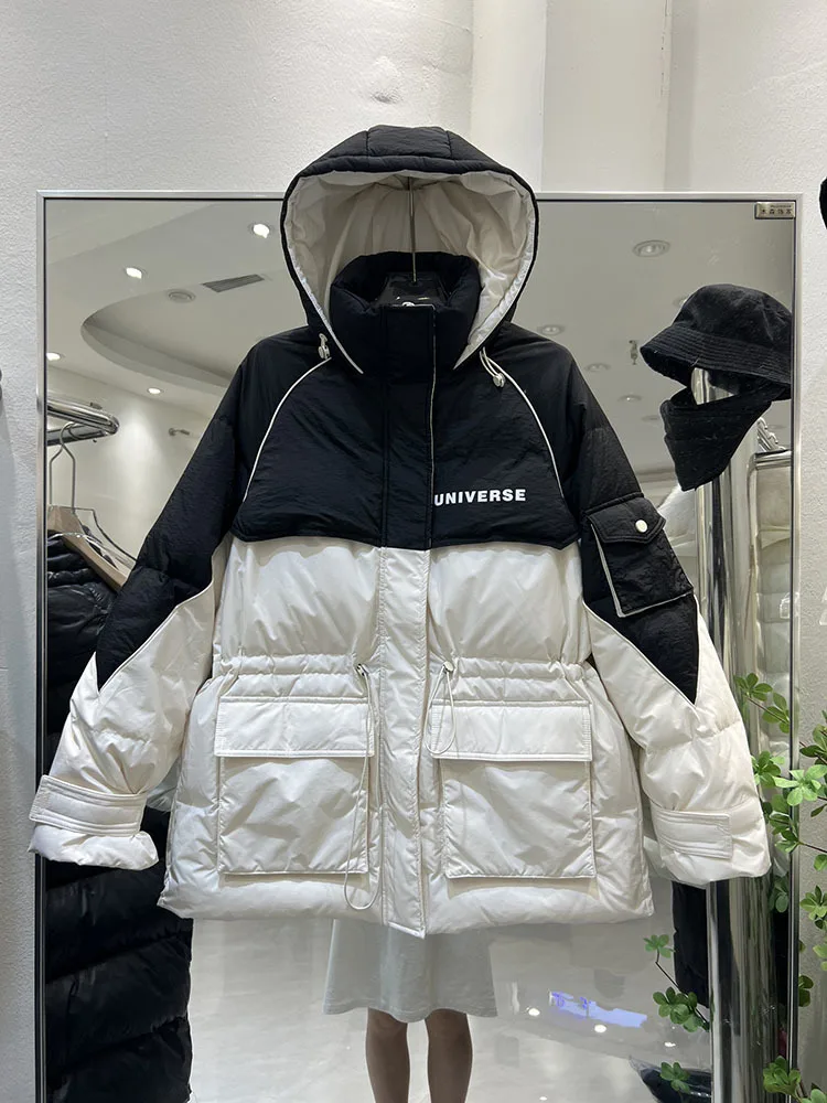 Down Jacket Women 2023 winter High-End Splicing Color Contrast Hooded Thick Design Sense Thick White Duck Down Cargo Coat Female