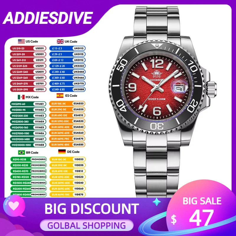 

ADDIESDIVE NEW Quartz Mens Watch 200M BGW9 Super Luminous Stainless Steel Dive Watch Luxury AD2513 Reloj Hombre 41mm Man Watches