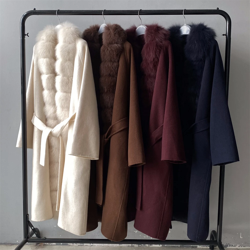 Luxyonuo Women's Real Fox Fur Coat Lady Double Faced Cashmere Trench Coats with luxurious Real Fur New Arrival Outerwear Female