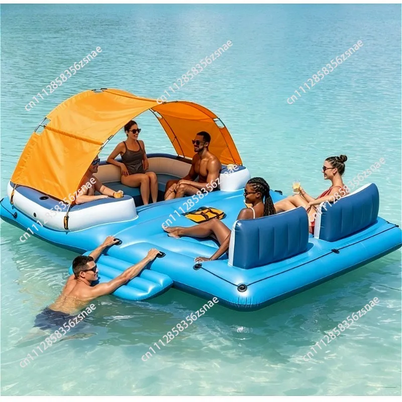 Large Inflatable Floating Island with Sun Awning, 8‑10 Persons, Water Drift Float Raft for Adults Household Sea Use