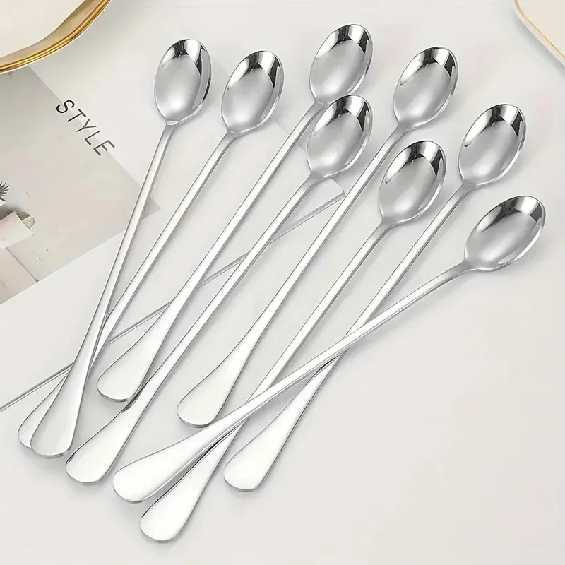 6Pcs long handled spoons, thickened stainless steel coffee spoons, pointed mixing spoons, round spoons, and ice spoons