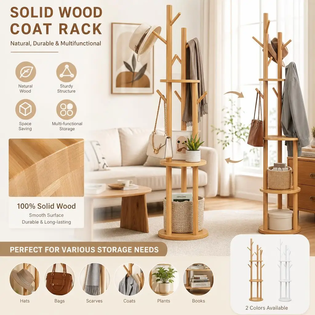 Solid Wood Coat Rack Floor Standing Clothes Hanger Modern Minimalist Style Space Saving Durable For Home Office Apartment Entryway Organizer