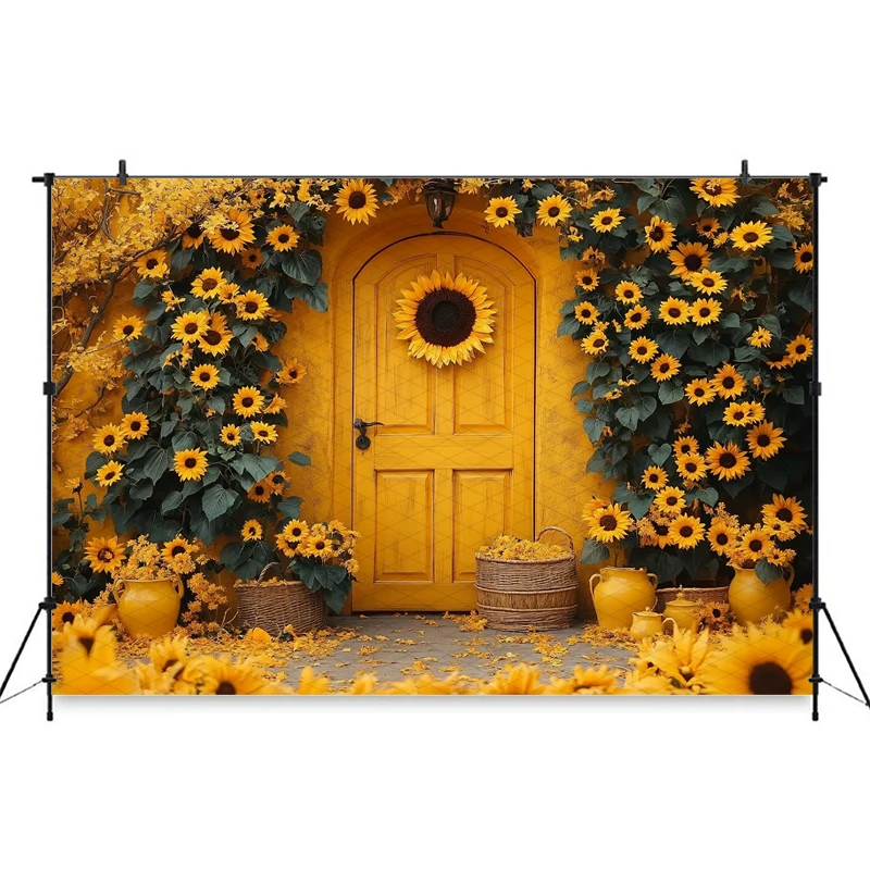 Mocsicka Spring Photography Background Easter Yellow Sunflowers Wall Door Pattern Party Supplies Birthday Decors Photo Backdrops