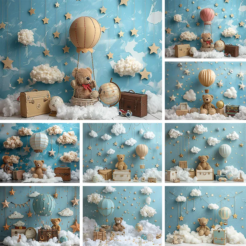 

Photography Background Cartoon Bear Hot Air Balloon Clouds Baby Shower Party Decoration Newborn 1st Birthday Backdrop Studio