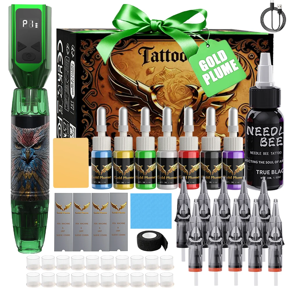 Wireless Rotary Tattoo Pen Kit Gift Box LCD Rechargeable Machine with Color Inks Cartridge Needles Complete Tattoo Supplies