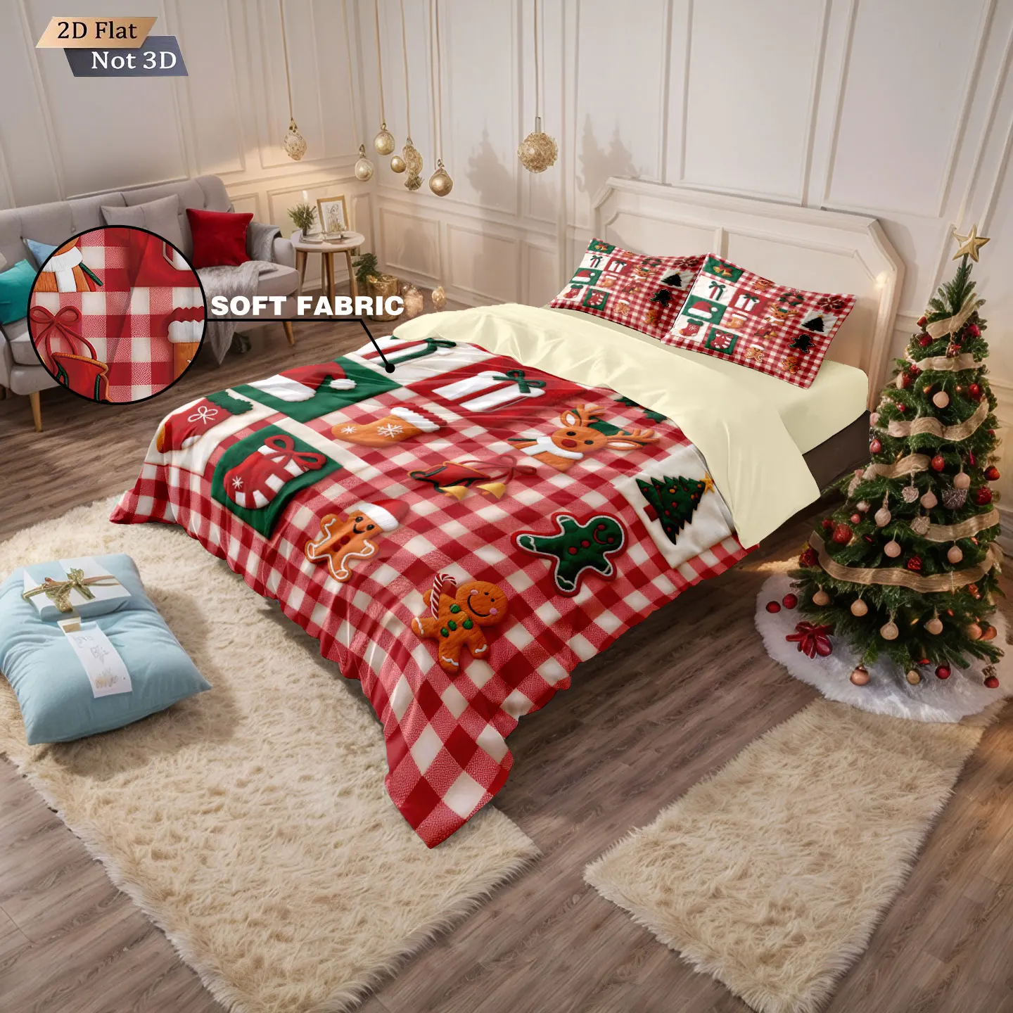 3pcs Christmas red checkered printed coreless bedding set multiple sizes bedrooms dormitories comfortable, machine washable