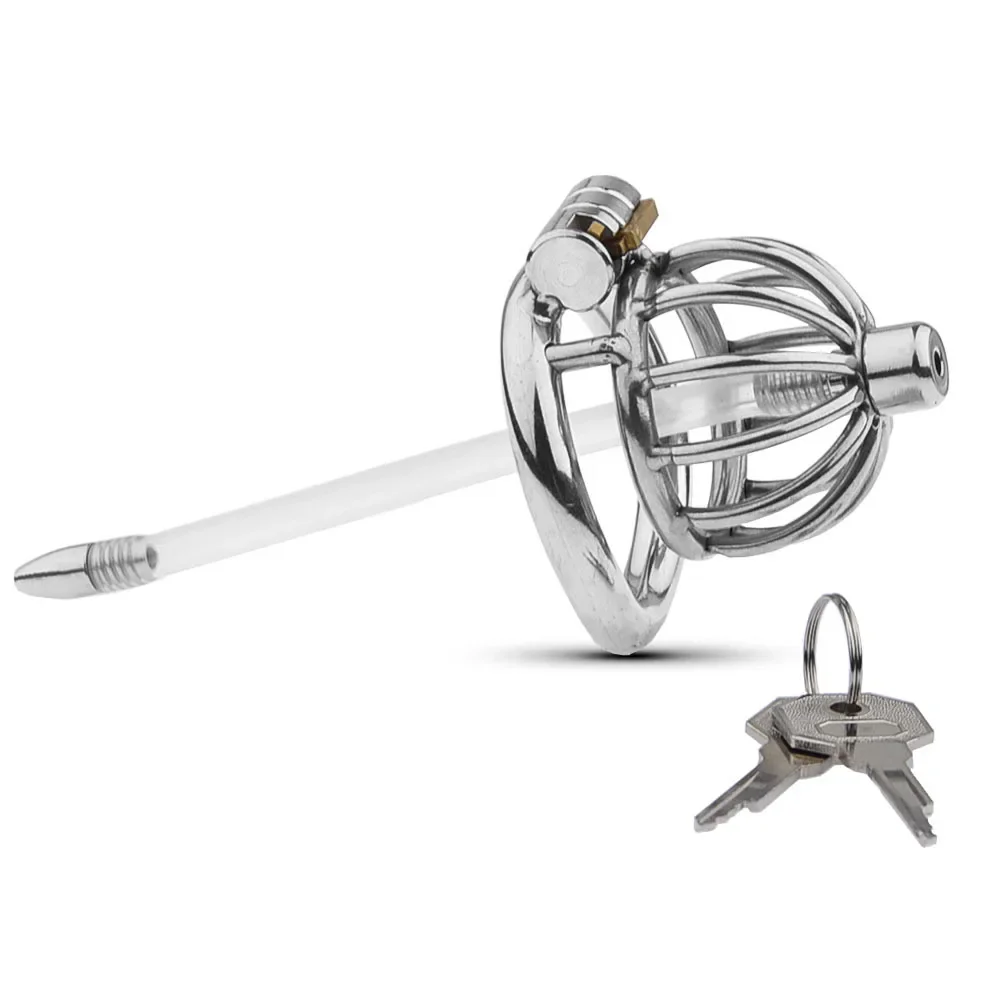 Cinturón de castidad masculino de metal CB Lock Cinturón de castidad con catéter de silicona y anillo para pene Jaula para pene CommerJaula para