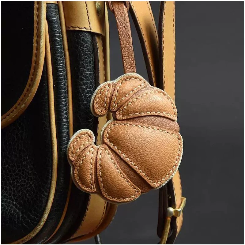 Handmade Leather Croissant Bag Charm KeyChain