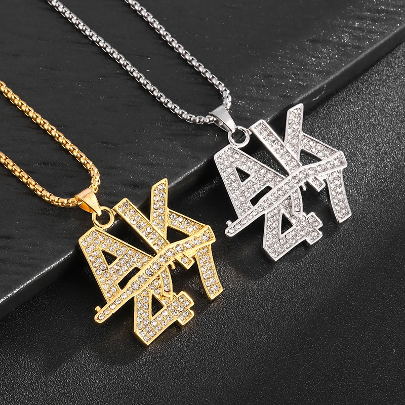 Hip Hop Fashion Ak47 Assault Rifle Letter Pendant Necklace for Men Women Street Rock Rap Party Jewelry