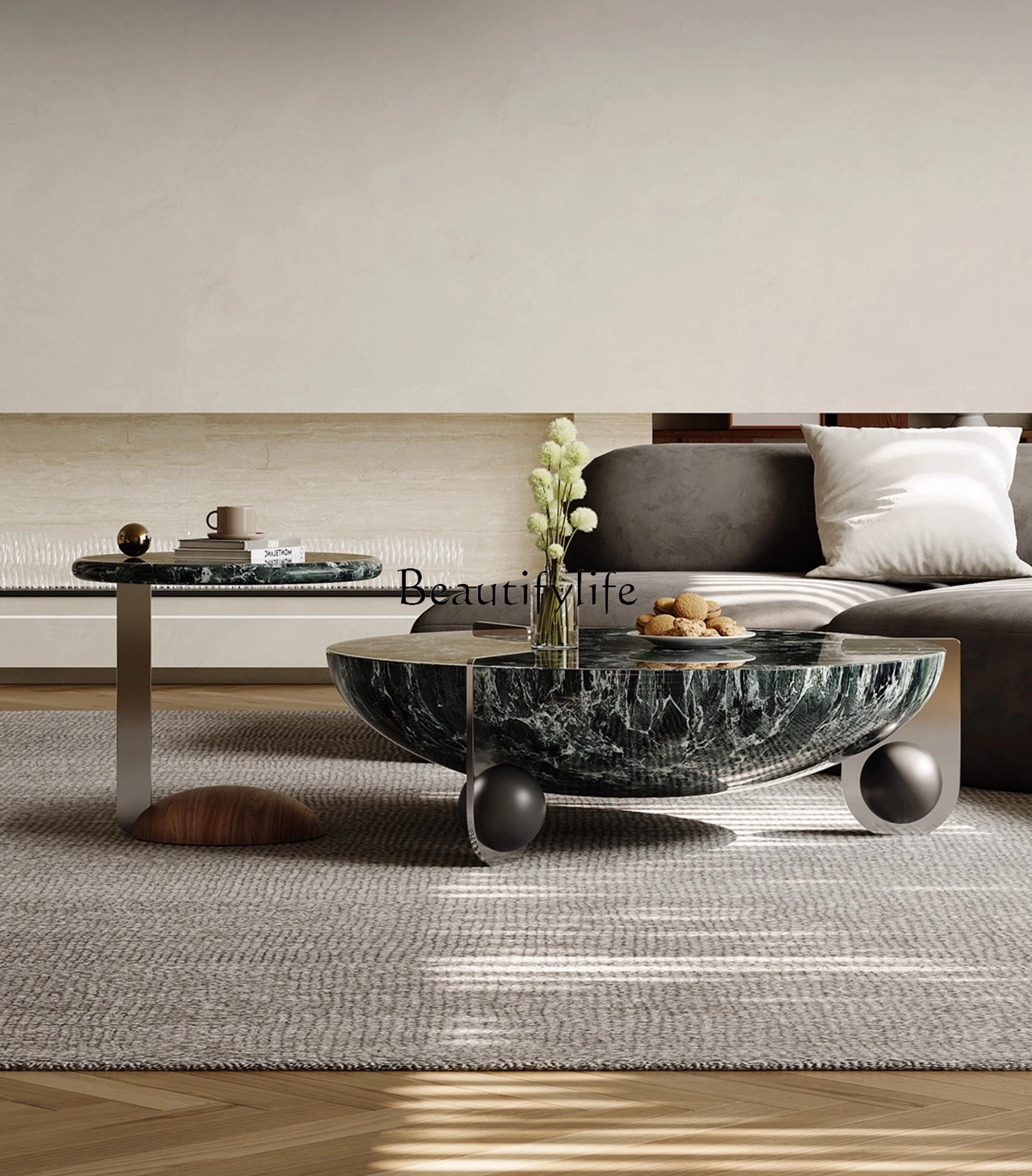 

High-end Marble Coffee Table Set Round Italian Minimalist Living Room Stainless Steel