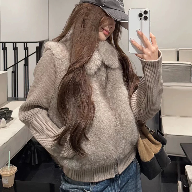 Korean Faux Fur Vest with Removable Knit Sleeves Women Turn Down Collar Zipper Winter Jacket Woman Fashion Spliced Plush Jackets