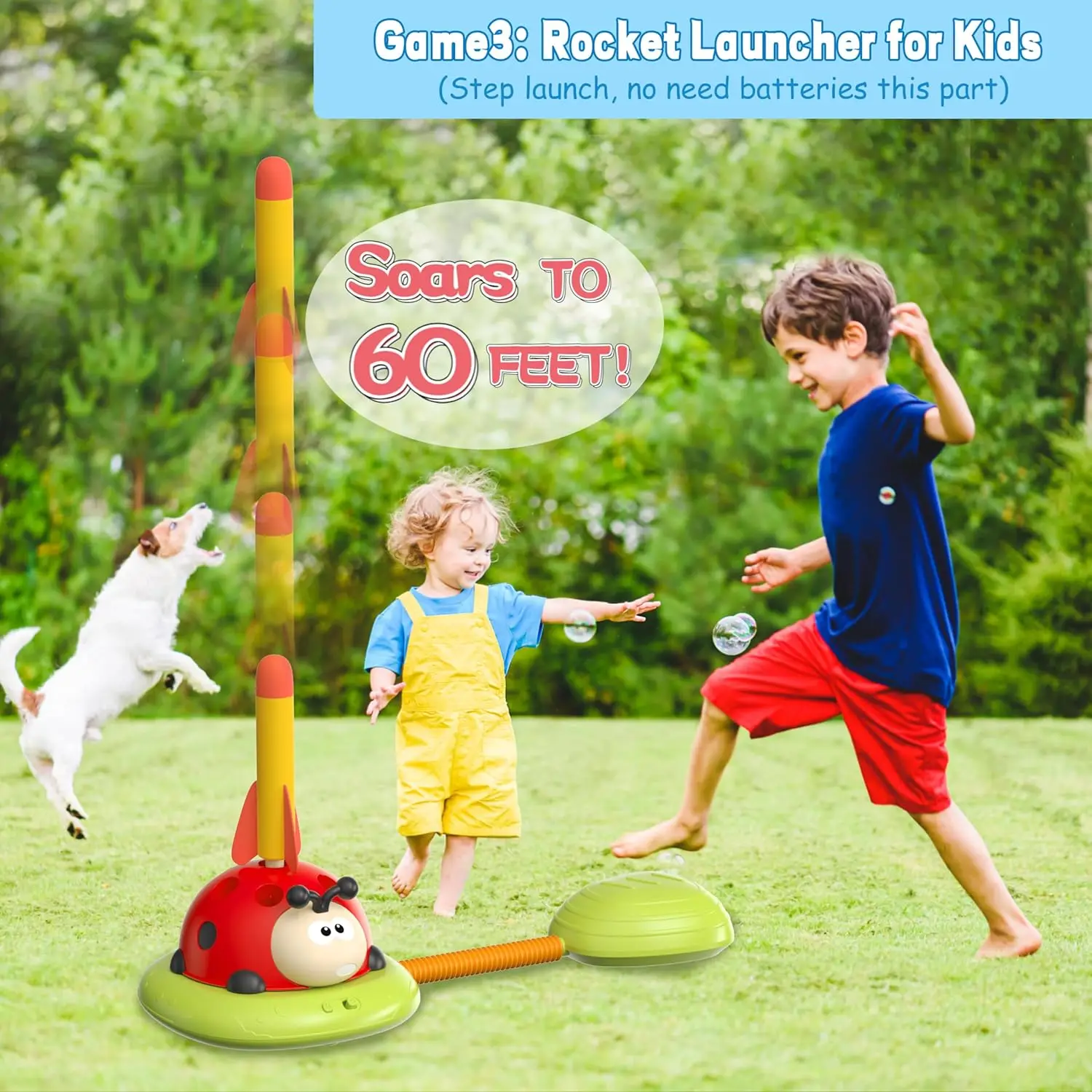 4-in-1 Sports Ladybug Toy: Baseball, Musical Jump, Ring Toss, 3-Foam-Rocket, Remote Gift for Kids 3+; Indoor/Outdoor.
