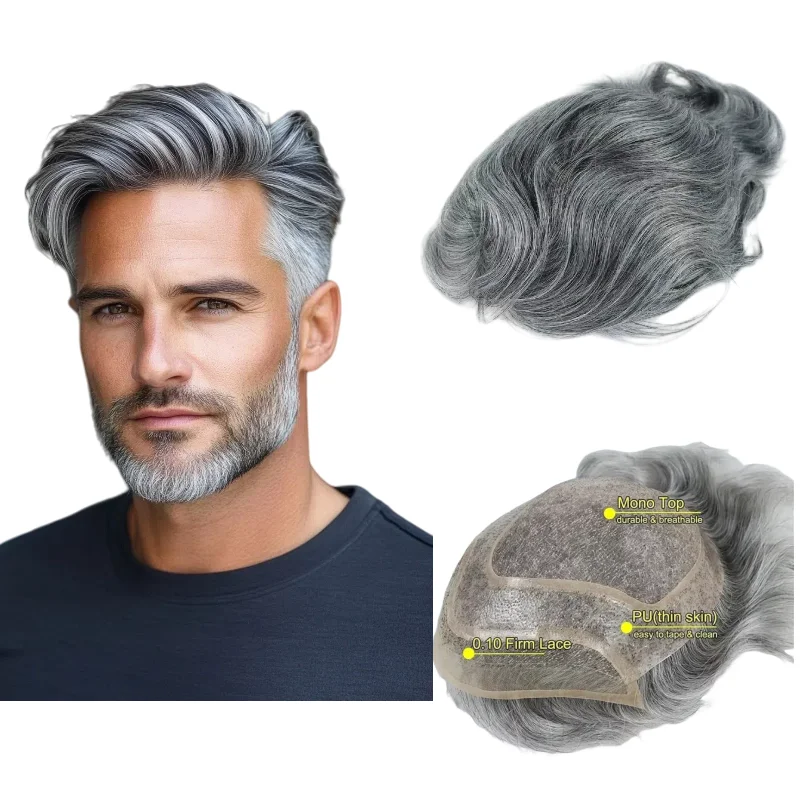 

Серый смешанный парик для мужчин, моно-база из человеческих волос, 8x10 дюймов, кружево с натуральными цветами, 1B40 1B60 1B90 # 4 шиньоны