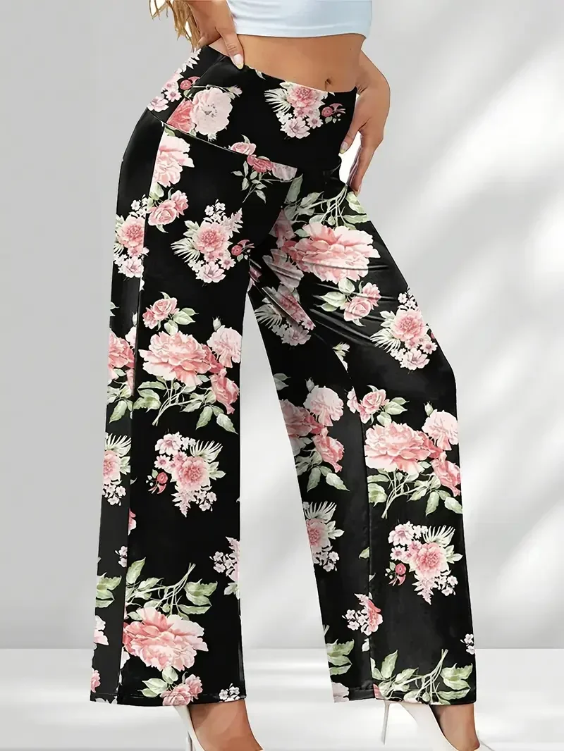 

Plus Size 1XL-5XL Women Fashion and Leisure High Waisted Loose Long Trousers Women Fashion Floral Printed Wide Leg Pants