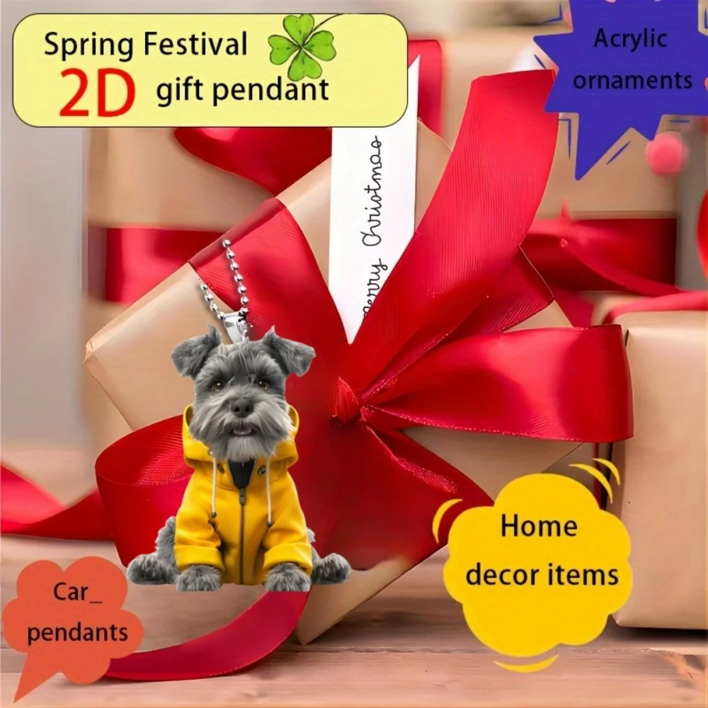 Vibrant Dressed Schnauzer Pendant Keychain Cartoon Puppy 2D Acrylic Versatile Charm,Decor for Car Mirror,Backpacks,Festive,Gift