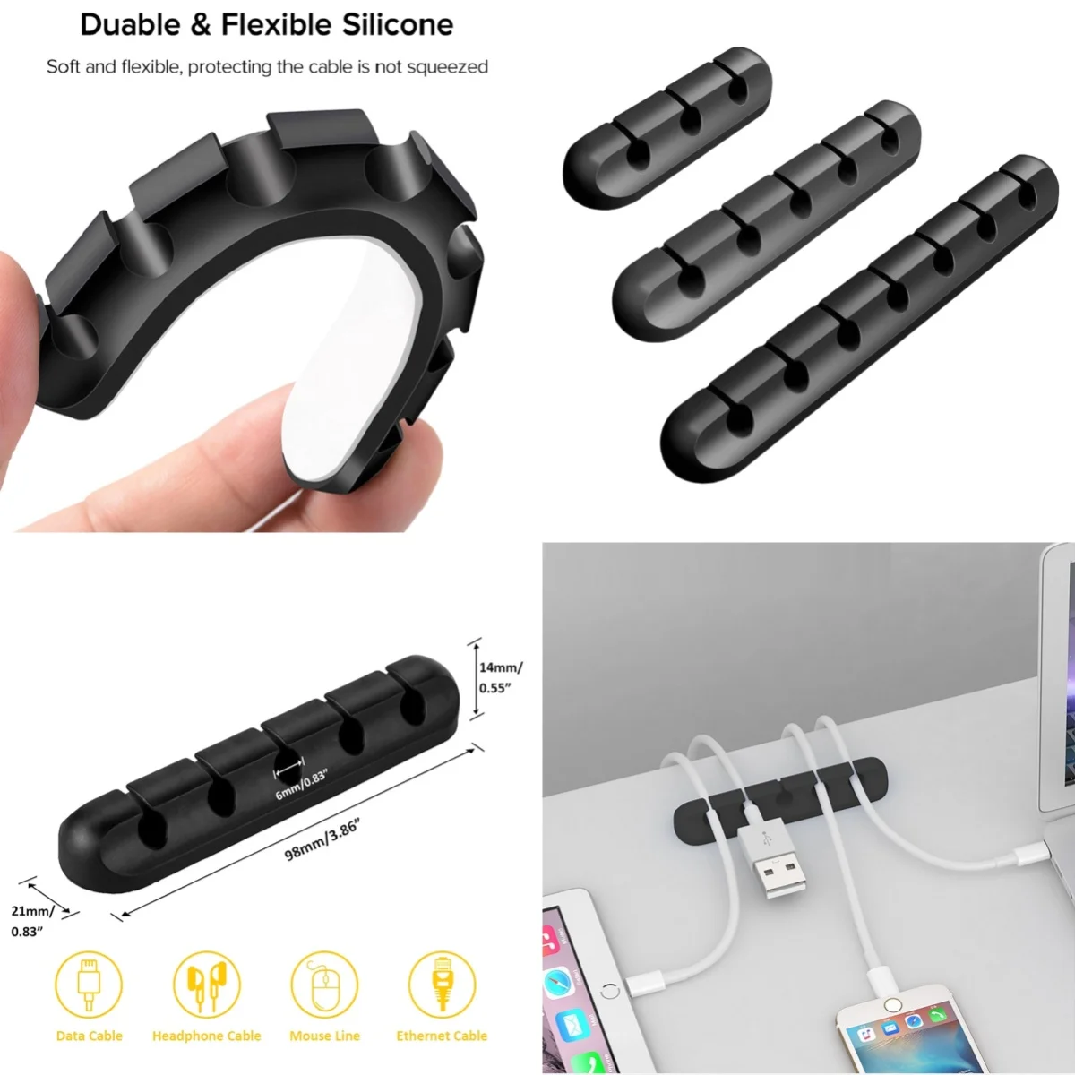 Organizador de cabos de mesa com 3/5/7/9 furos, clipe de suporte de cabo adesivo, enrolador de cabo de silicone, organizador de fio para cabo de carregamento
