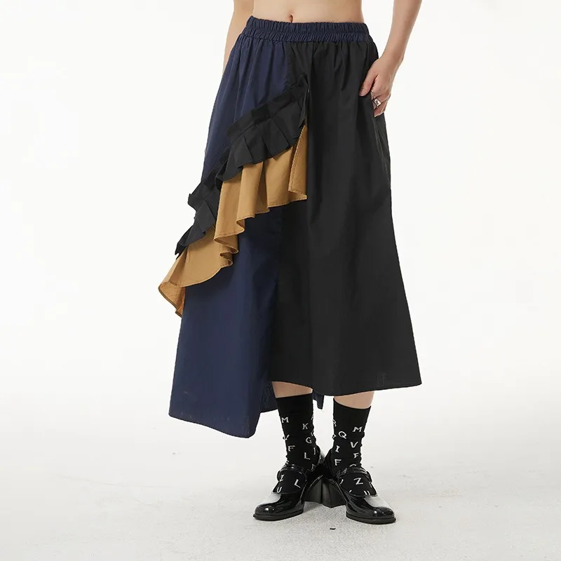 

New Women Spring Autumn One Piece Ruffle Edge Patchwork Skirt Loose Soft Fashion All-match Outdoor