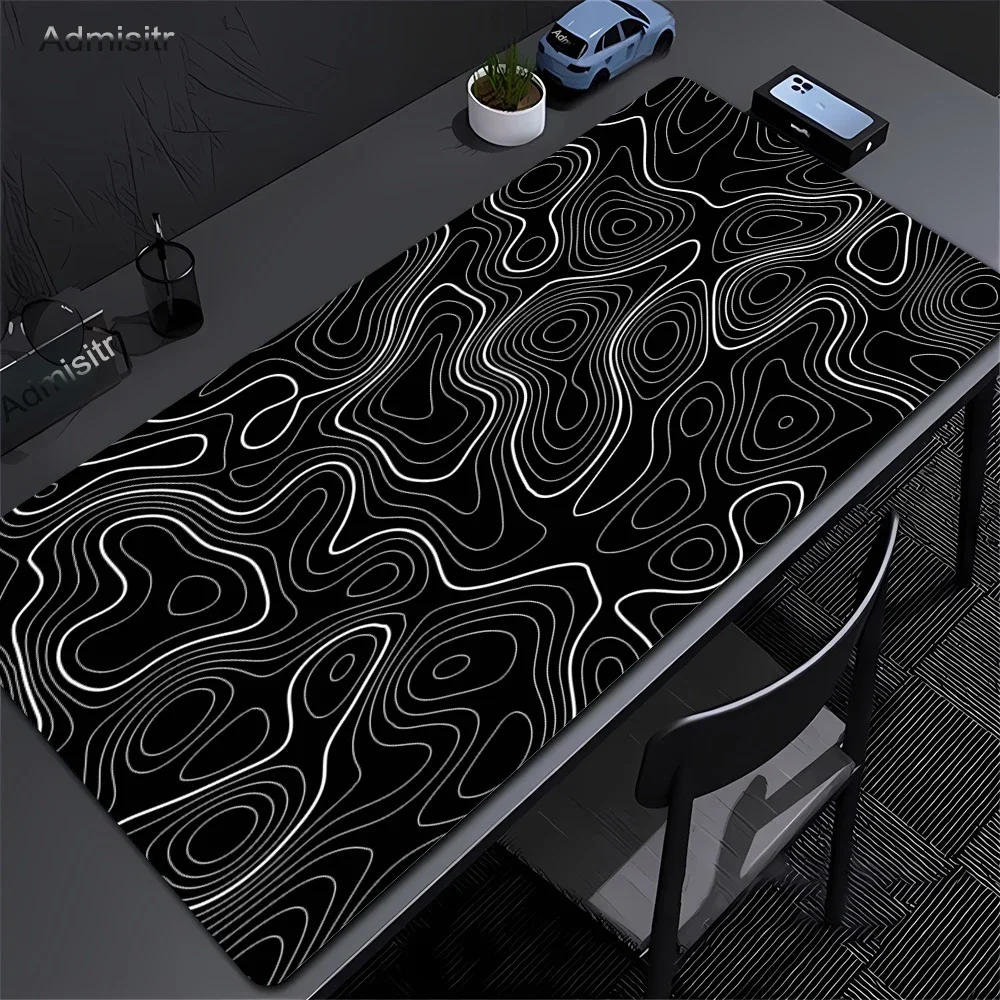Tapete de Mesa XXL Preto e Branco Strata Liquid Mousepad Grande Abstrato para Jogos com Borda Reforçada Antiderrapante para Escritório