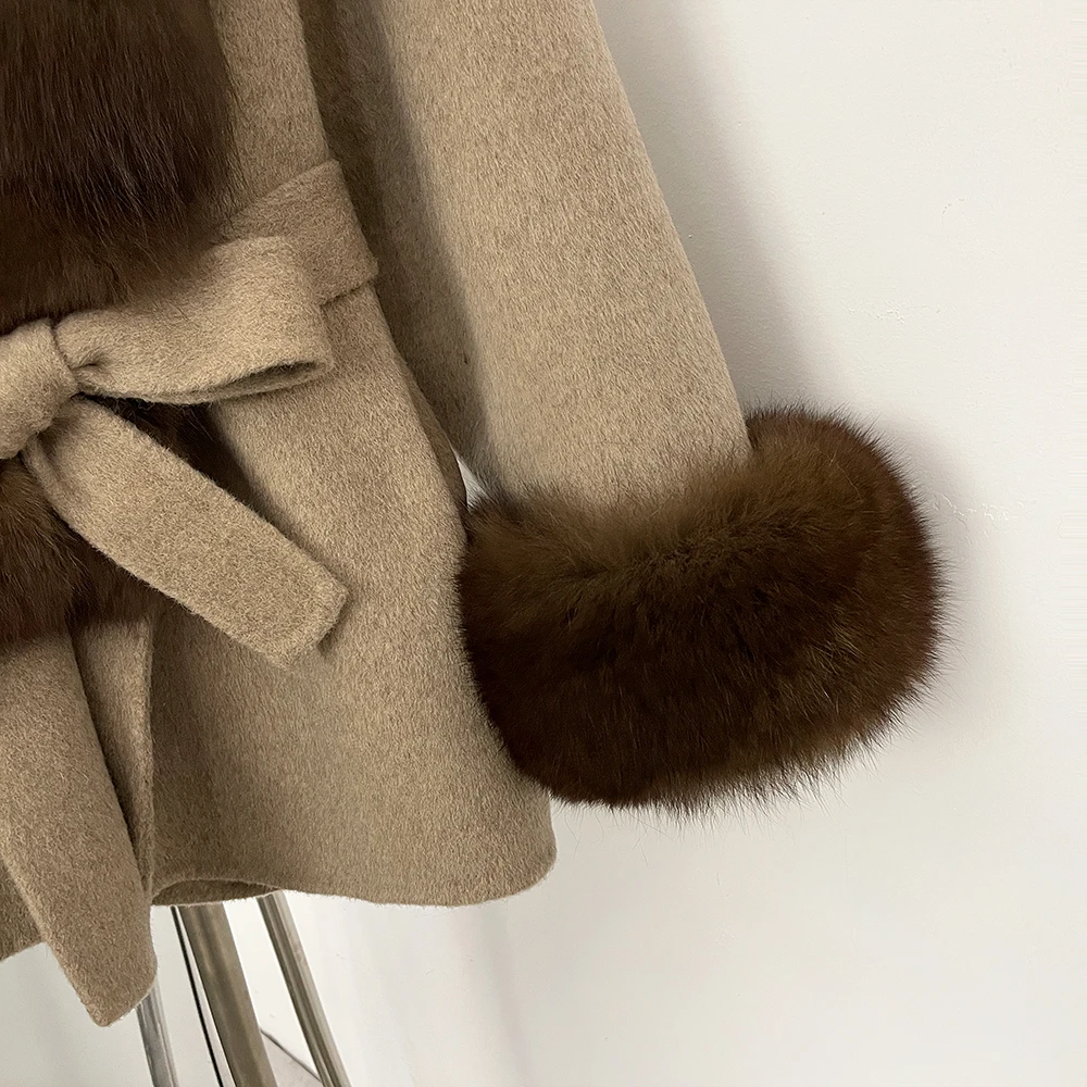 OFTBUY Modische Lässige Neue Herbst-Winter-Wollkleidung für Damen, Gürtel, Echter Fuchspelz, Wolljacke, Warmer Natürlicher Pelz-Wollmantel für Damen – Detail 22