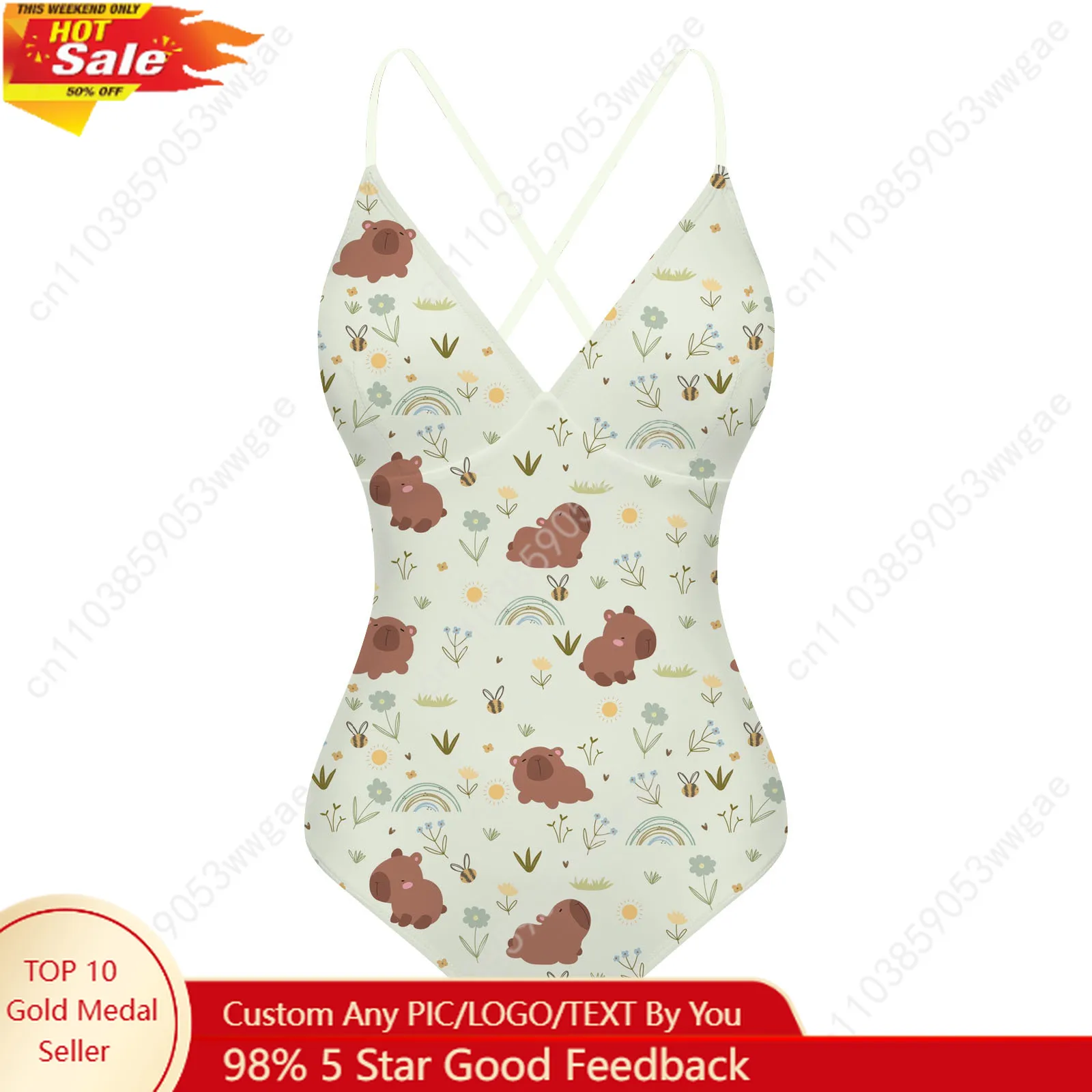

Capybara V-neck Halter Back Swimsuits Womens Bathing Suits Personalized Bikini Pool Beach Sexy Swimwear Customized Beachwears