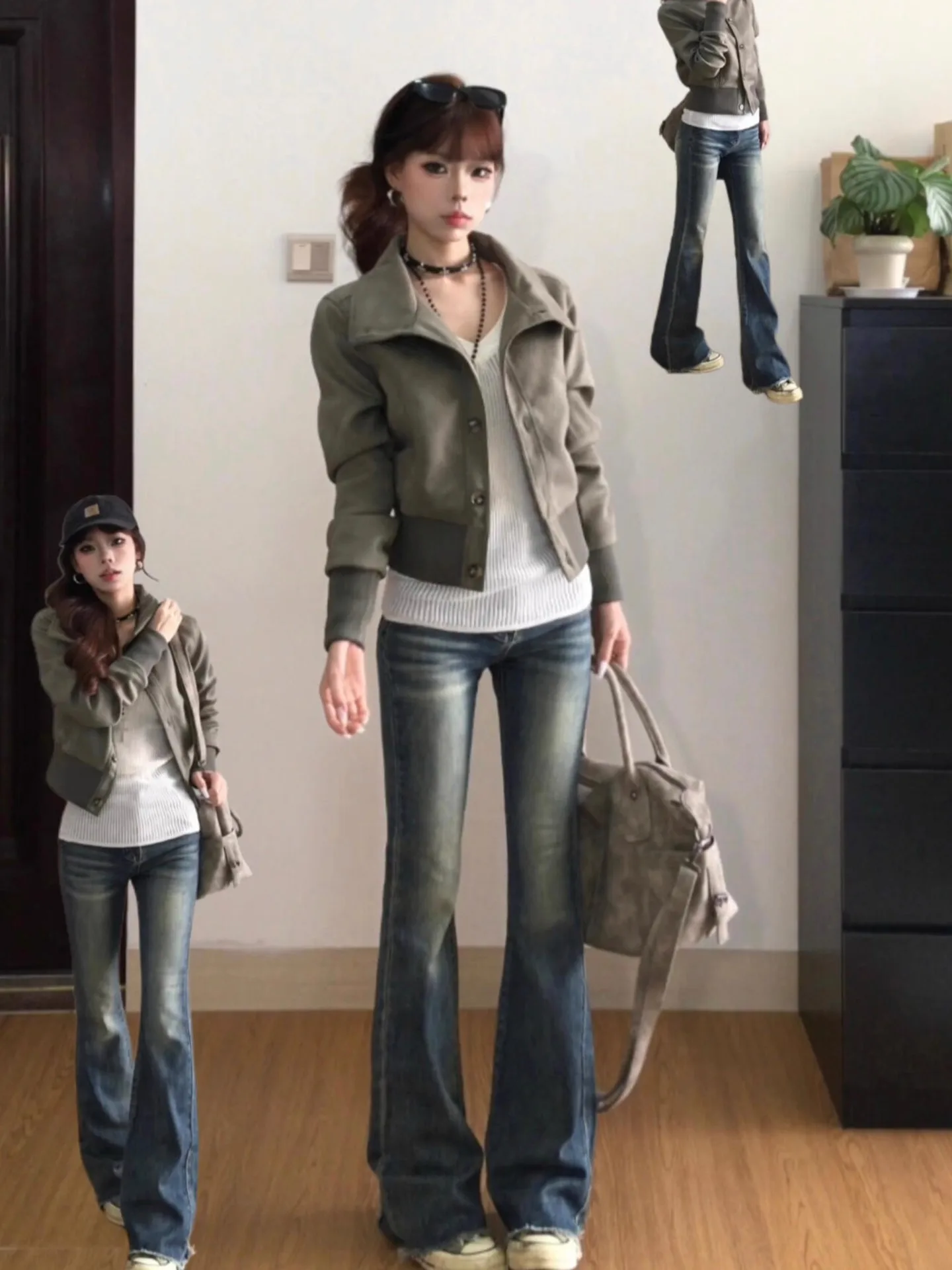 plus Size American Retro Green Stand Collar Jacket Women's Slim Fit Short Baseball Style Top Zipper Closure Casual Outerwear