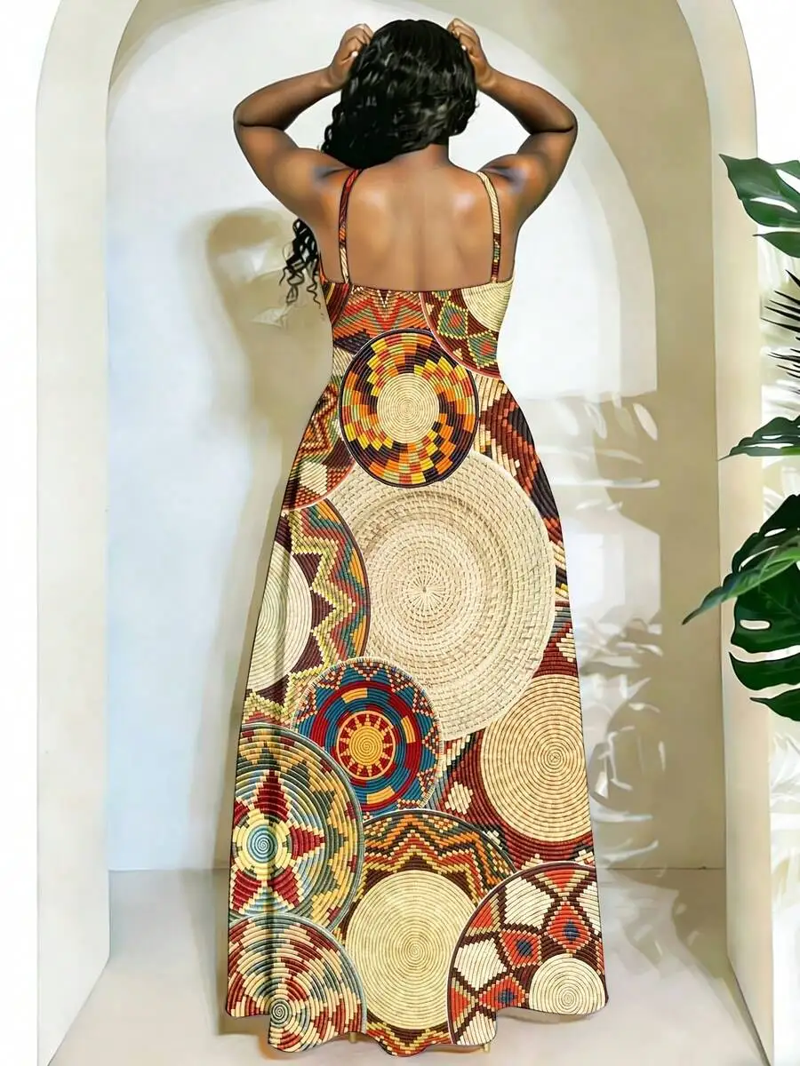 Vestido Maxi Bohemio para Mujer con Estampado Tribal, Tirantes Finos, Largo, para Verano, Playa, Vacaciones, Fiesta, Ropa Casual