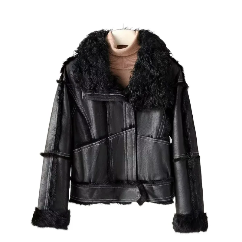 A New Trendy and Cool Motorcycle Short Rabbit Skin One-piece Winter Versatile Patchwork Coat That Can Be Stand-up or Lapel Style