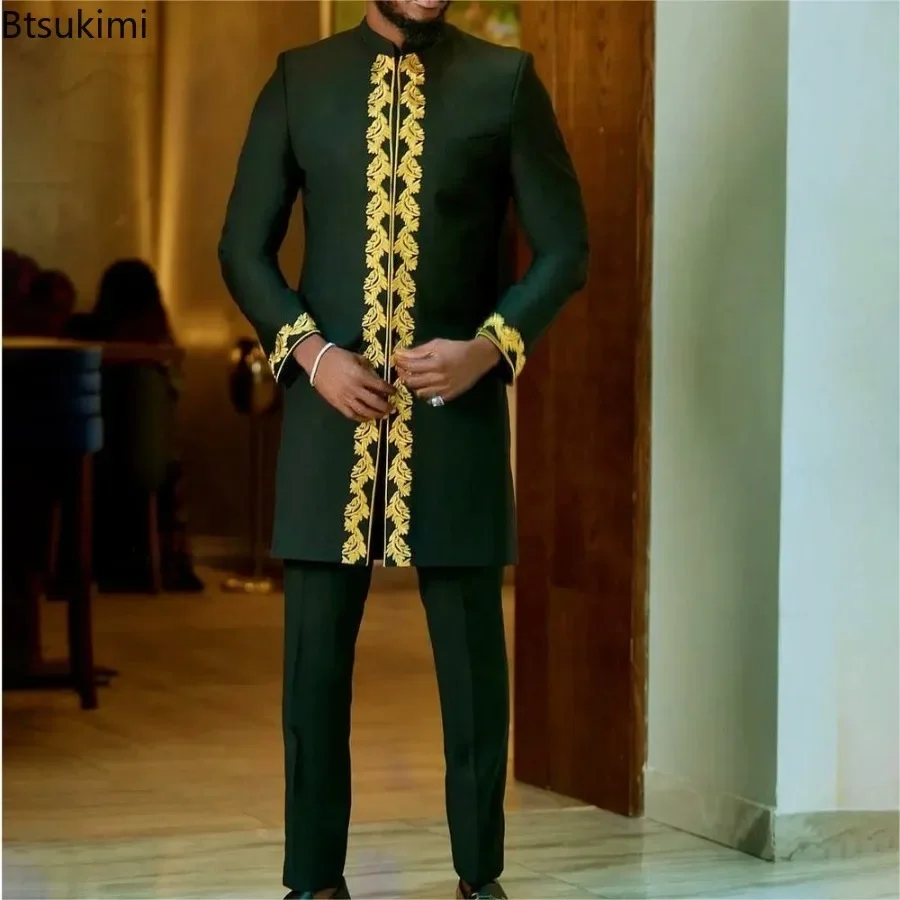 

2025 Elegant Men's Muslim Sets African Style Kaftan High-end Embroidery Casual 2 Pieces Festive Wedding Traditional Men Clothes