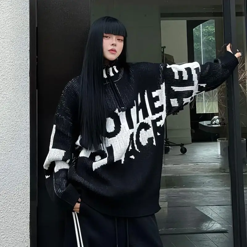 

Trendy Letter f Zipper Stand Collar Sweater ex Casual Loose Knitted Sweater Heavyweight American Street Sle Autumn Wear