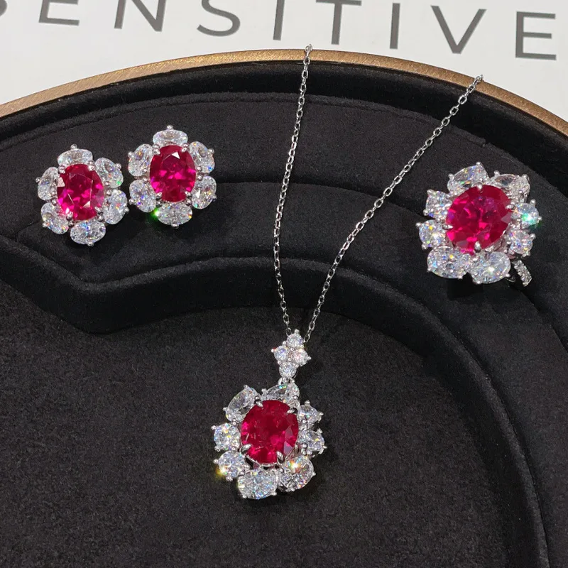 Bride's Dress - Red Diamond AAA Zircon Fluorescent Color-Changing Fashionable Necklace, Ring and Earrings Set - Elegant Jewelry
