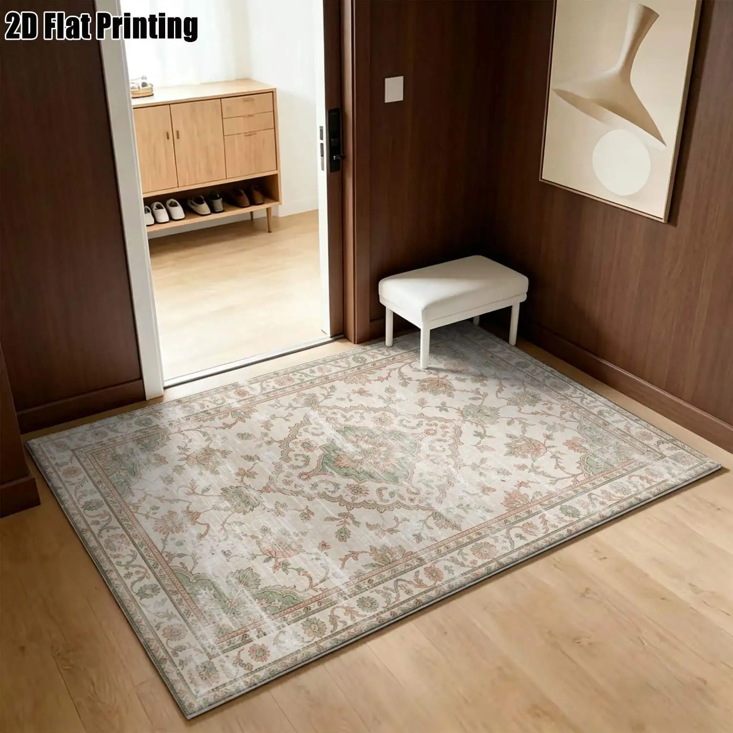 1Pc 2D Printed Beige Retro Floral European/Bohemian Retro Geometric Striped Carpet, Home Decor, Multi-Size, Machine Washable, for Living Room, Bedroom, Dining Room, Entrance, Study