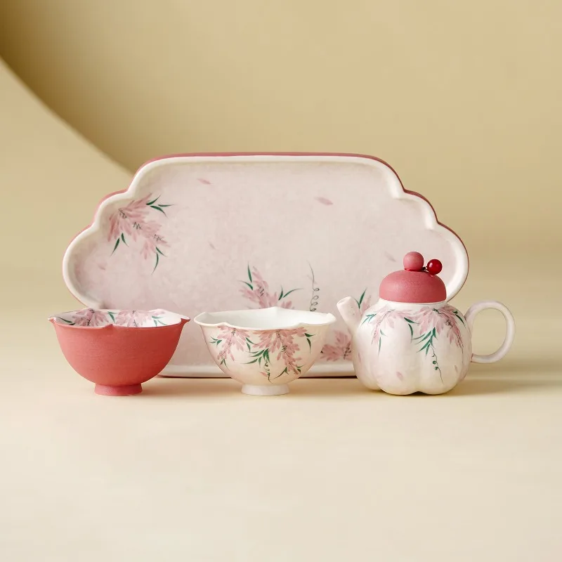 Hand-painted woolen wisteria tea set, gift ceramic one pot and two cups gift box, high-value birthday gift for girls