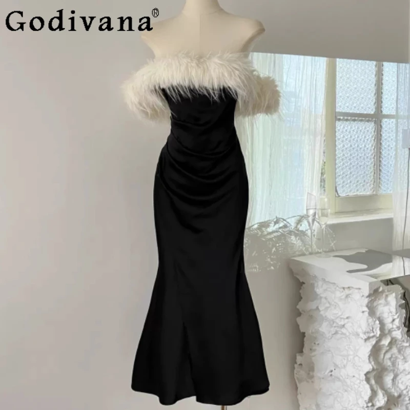 المرأة الخريف مزاجه الجديد الفرنسية مثير مائل الرقبة مأدبة فستان أنيق ريشة الساتان حمالة بلون فساتين السهرة