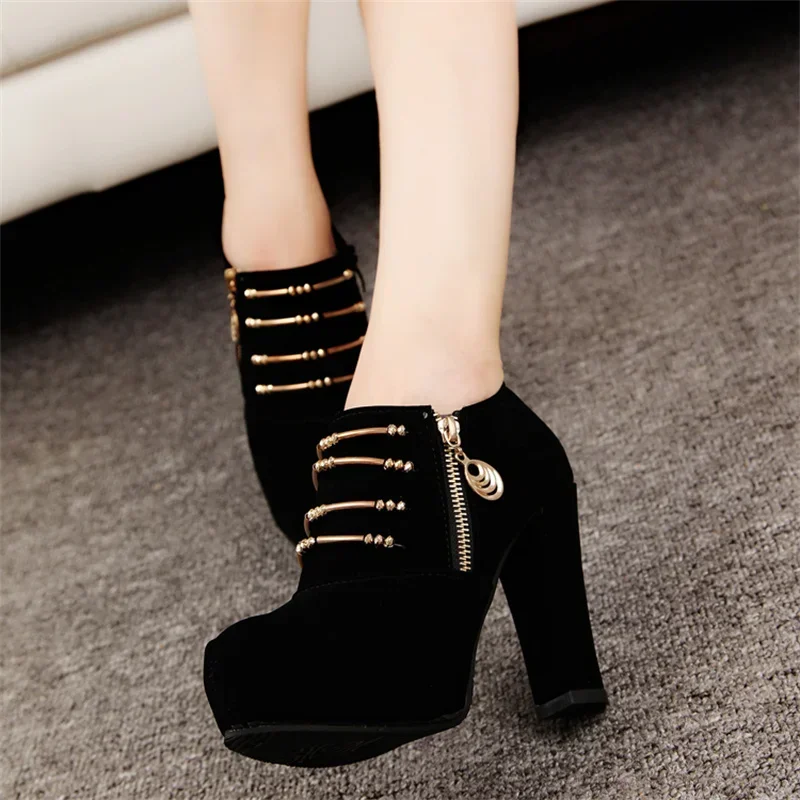 

Ankle Boots Women High Heels Shoes Thick Sole Booties Sexy Fashion Chain Decorate Patchwork Lace Up Ankle Boots