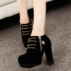 Ankle Boots Women High Heels Shoes Thick Sole Booties Sexy Fashion Chain Decorate Patchwork Lace Up Ankle Boots