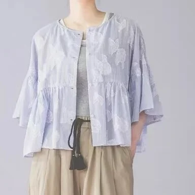 

Japanese Style Embroidered Floral Short Sleeve Shirt Women's Top Breathable Cotton Loose Fit Summer New Arrival