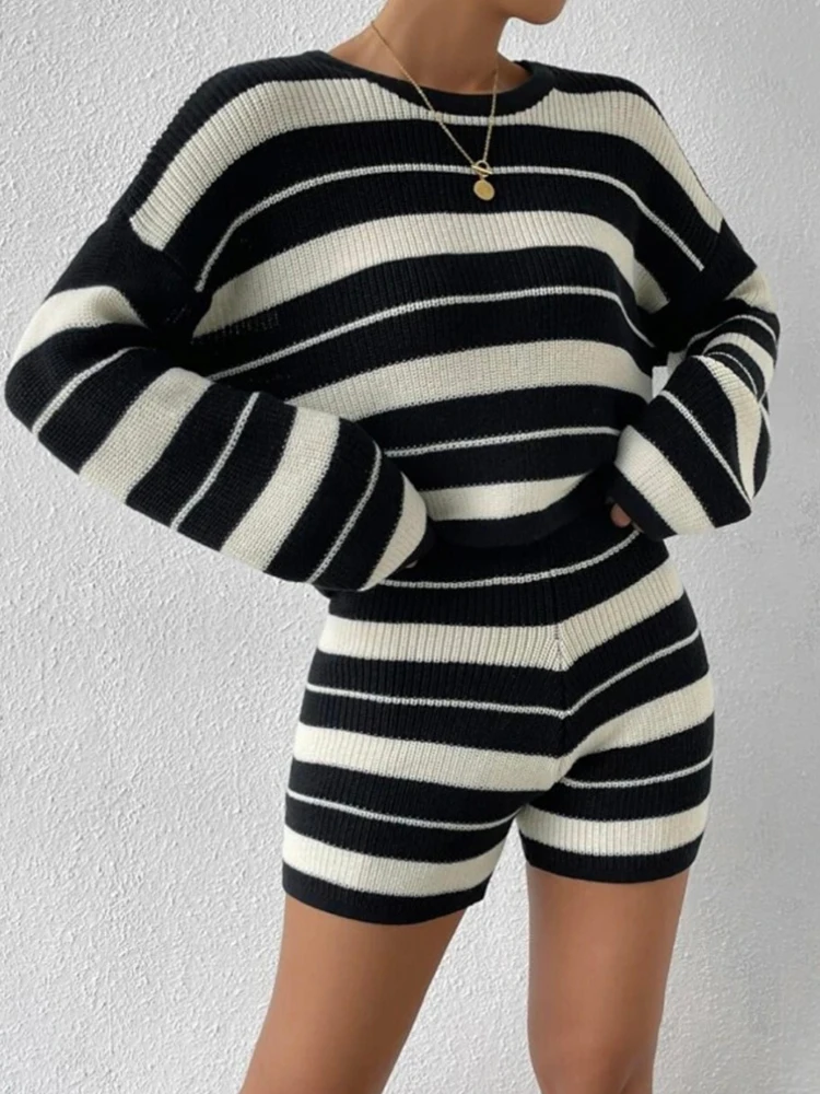 ByeMyLove Black White Stripe Shorts Sets Women Long Sleeve Pullover And Mini Shorts Stripe Outfits Autumn New Knit Sweater Sets