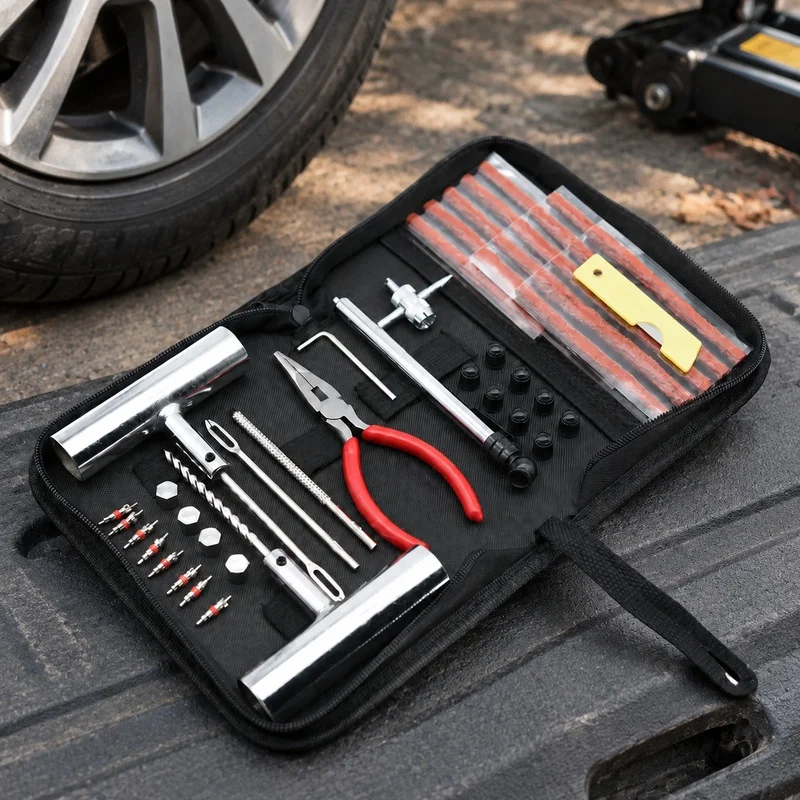Comprehensive Auto and Bicycle Tire Repair Set with 24, 46, or 62 Pieces, Featuring Plugging Tools and Stud Installation