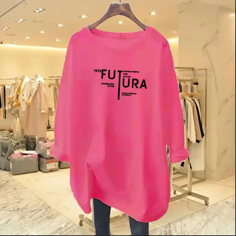 Women Clothing Fashion Pure Cotton O-neck Long Sleeve T-shirts Spring Autumn New Chic Letter Print Top Tee Office Lady Pullovers