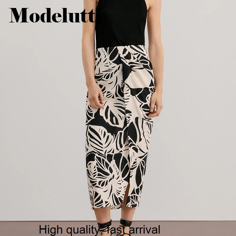 Summer 2023 New Fashion Slim Leaves Printed Long Skirt Women Temperament All-match Simple Casual Bottoms Female