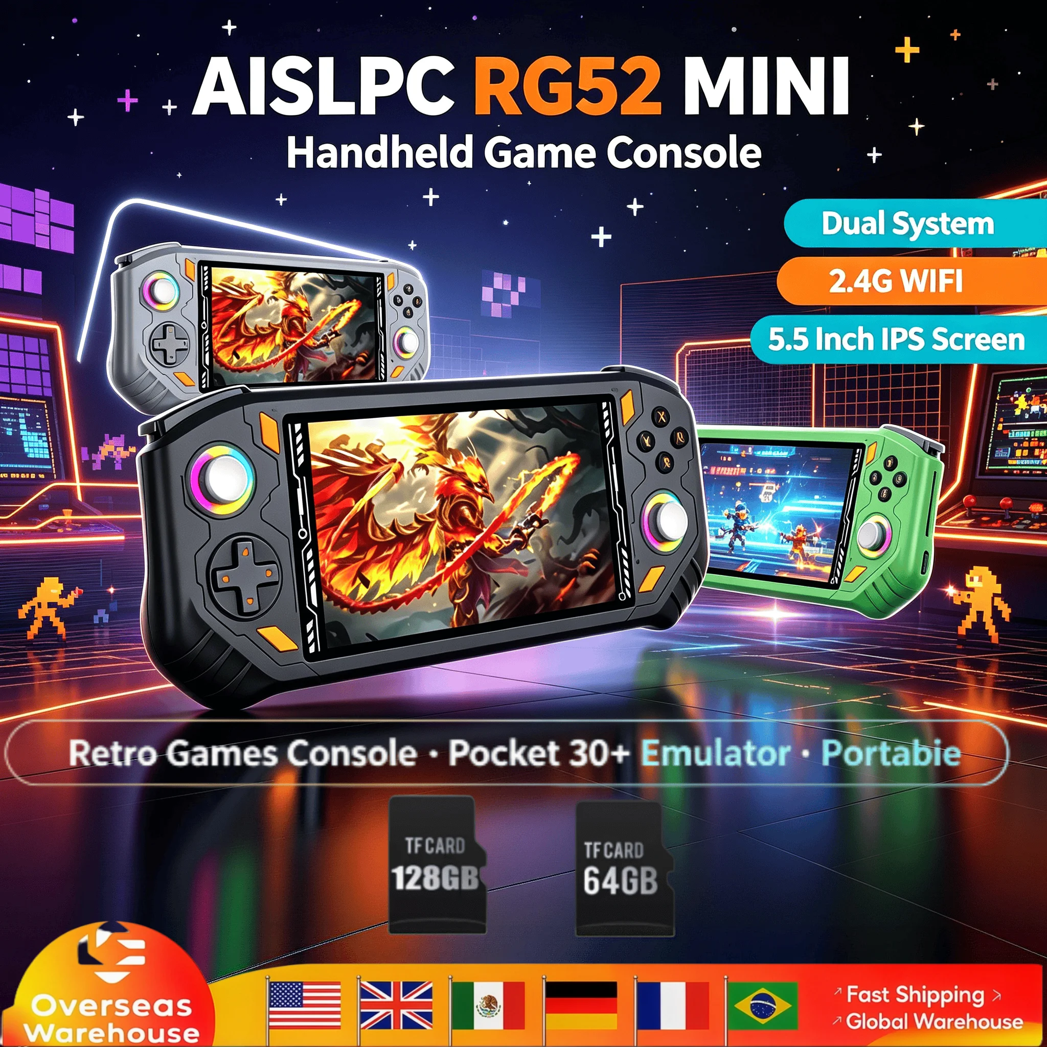 AISLPC RG52 MINI Retro Handheld Game Console Dual System 5.5 Inch IPS Screen Portable Retro Game Player 2.4G WiFi Support 30+Emu