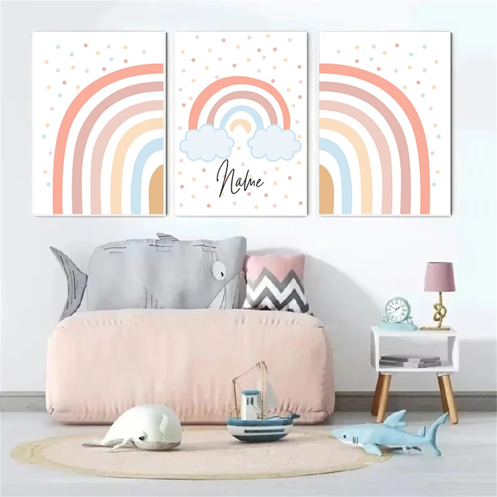 Pink Rainbow Dots Poster Painting Baby Custom Name Canvas Wall Art Print Nursery Poster Nordic Wall Pictures Girls Room Decor
