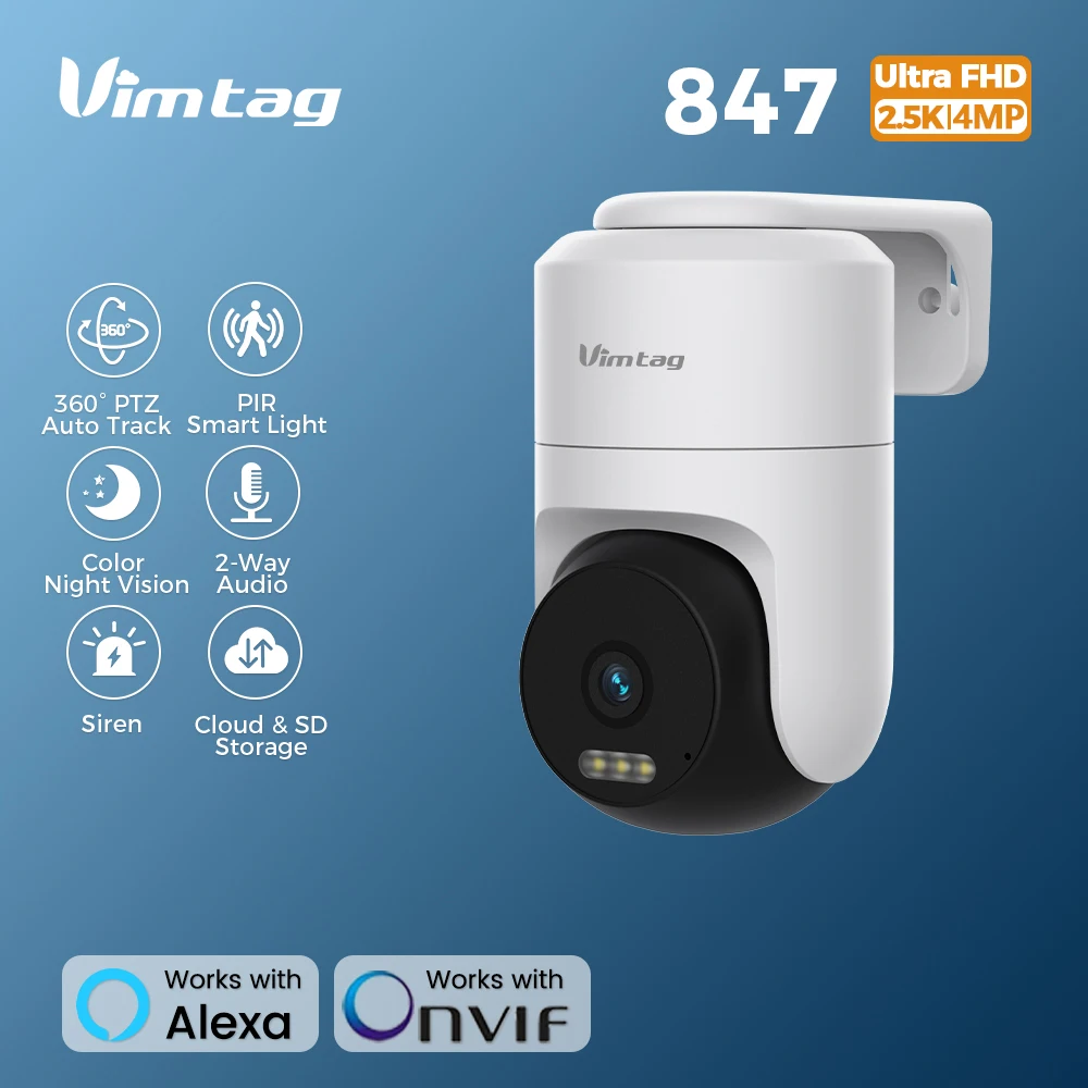 VIMTAG 2.5K CCTV 카메라 외부용 한국형 WIFI Camera IP66 방수/360° PTZ 자동 추적/PIR 스마트 조명/컬러 나이트 비전/홈 IP 카메라 현관